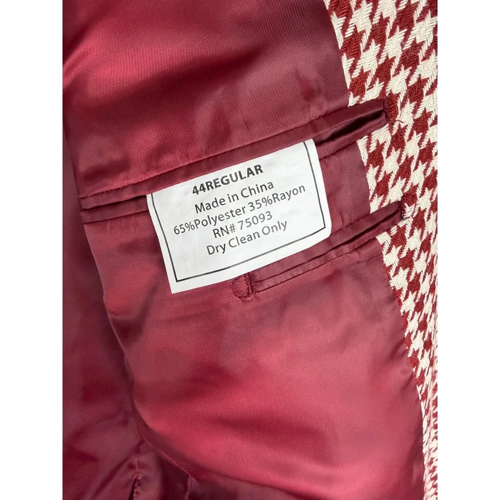 Linea Uomo Mens 44R Blazer Burgundy White Houndstooth Two Button Sport Coat
